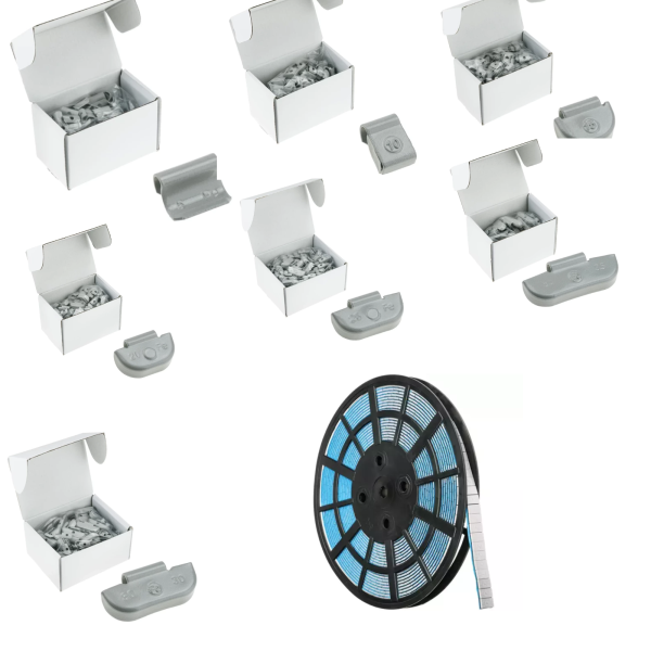 Set Stahlschlaggewichte grau 5-35g + 6kg Klebegewichte Rolle Grau