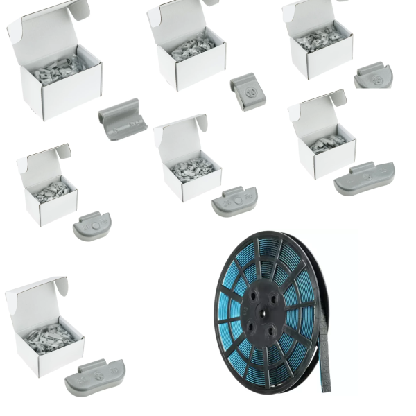 Set Stahlschlaggewichte grau 5-35g + 6kg Klebegewichte Rolle Schwarz