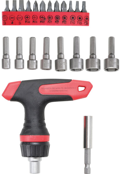 Bit-/Steckschlüssel-Einsatz-Satz | mit Ratschen-T-Griff für Bits, umschaltbar | 22-tlg.