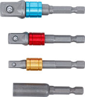 Adapter-Satz für Bohrmaschinen | farbig | Antrieb Außensechskant 6,3 mm (1/4") | Abtrieb Außenvierkant 6,3 mm (1/4"), 10 mm (3/8"), 12,5 mm (1/2"), Innensechskant 6,3 mm (1/4") | 4-tlg.