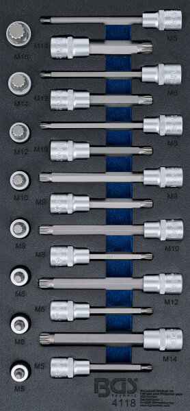 Werkstattwageneinlage 1/3: Bit-Einsatz-Satz | Antrieb Innenvierkant 12,5 mm (1/2") | Innenvielzahn (für XZN) | 22-tlg.