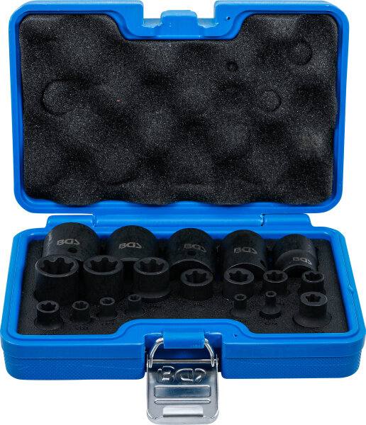 Kraft-Steckschlüssel-Einsatz-Satz | E-Profil Plus | Antrieb Innenvierkant 6,3 mm (1/4"), 10 mm (3/8"), 12,5 mm (1/2") | SW EP4 - E32 | 19-tlg.