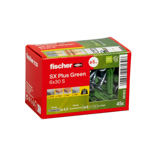fischer Spreizdübel SX Plus Green 6 x 30 S mit Schraube | 45 Stück je Packung